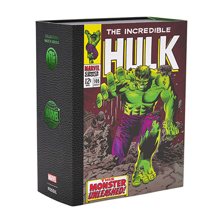 Fossil FLE1246SET Marvel x Fossil Limited-Edition Incredible Hulk Erkek Kol Saati ve Yaka İğnesi Seti